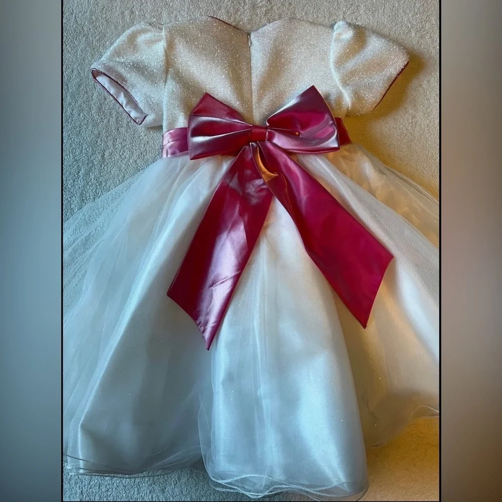 Fancy Christmas/Holidays Dress, frosty white with pink satin bow. Girls Sz 8